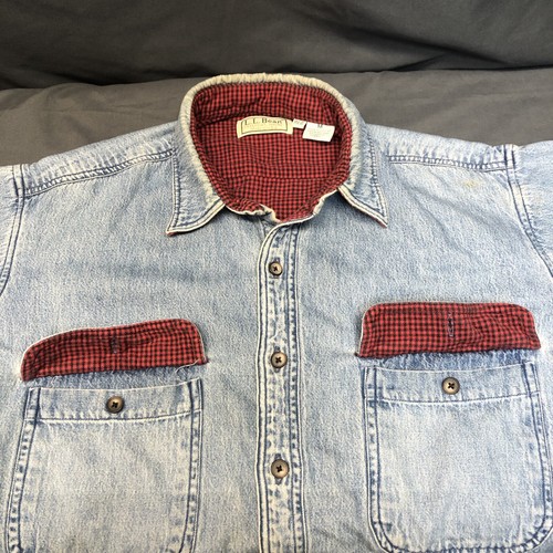 LL Bean Blue Denim Flannel Lined Shirt Mens M Reg Button Up Shacket Farm Barn - Picture 14 of 22