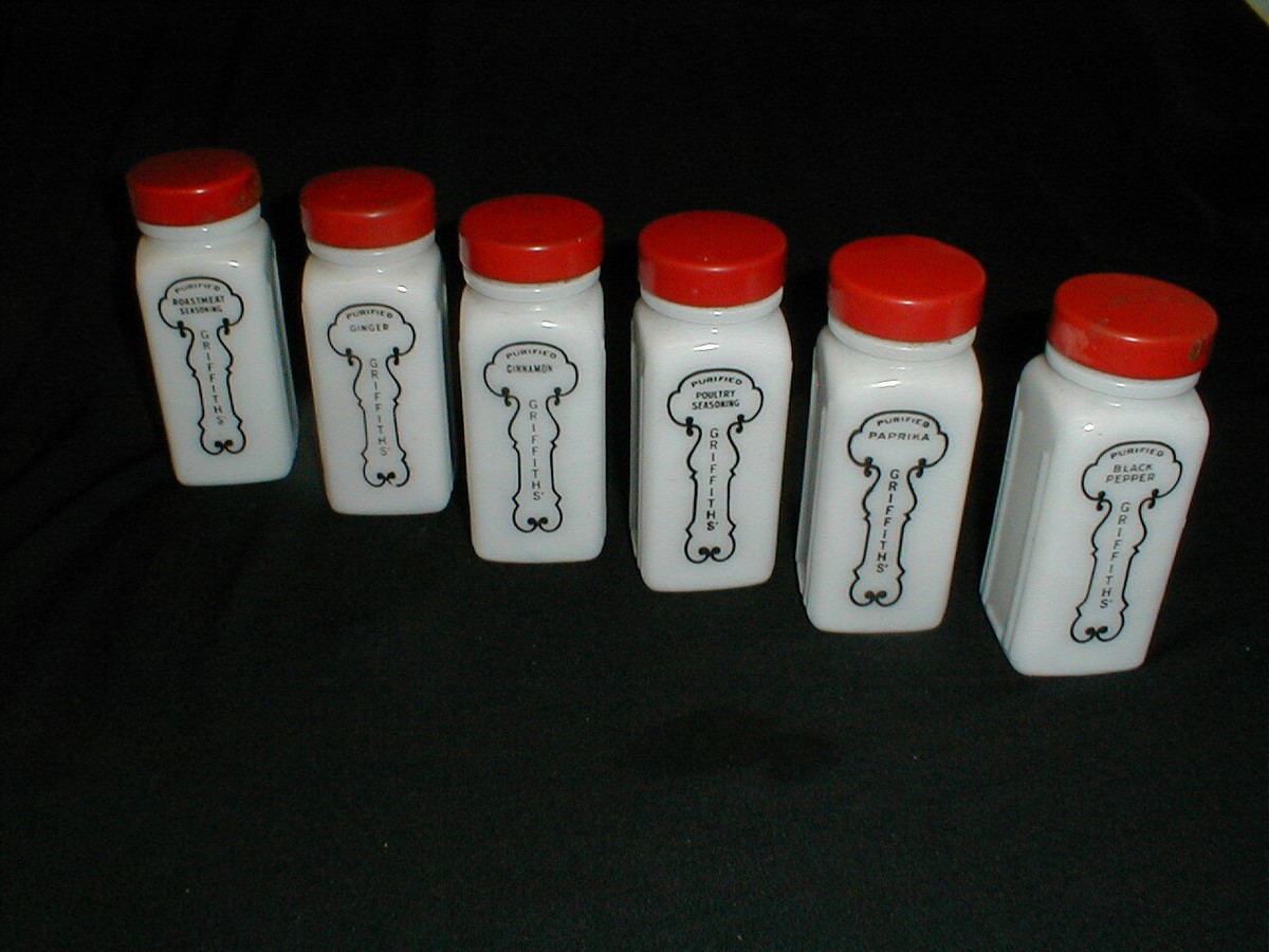 Griffith's Milk Glass Spice Jar w Red Metal Lid Choose Your