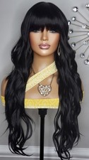 New Long Wavy Black Full Cap Wig Quick Bangs Style Easy Wear Womens Hair Wigs