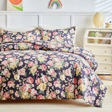 Joyreap 3pcs Floral Cotton Comforter Set for Girls, Pink n Twin (68"x88") Black