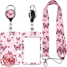 Pink Monarch Butterfly Lanyard ID Holder Retractable Badge Reel