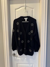 Rena Rowan Black Cardigan Sweater With Pockets, Silver And Gold Round Designs