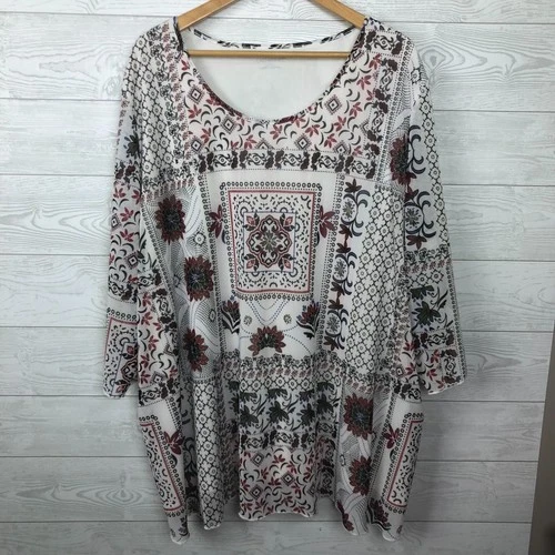 Catherine's Printed Scoop Neck Blouse 3/4 Sleeve Shirt Women's 4X 30/32