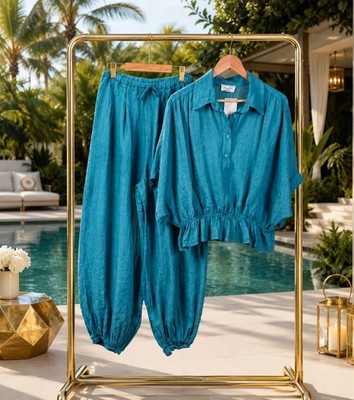 Made in Italy Puro Lino Teal 2 Piece Oversized Top & Jogger Style Pants Set M/L