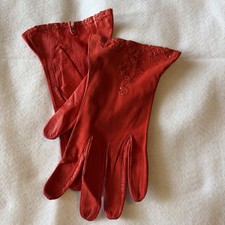 Vintage 1988 Made in France Red Suede Gloves  Whipstitch Cutouts 