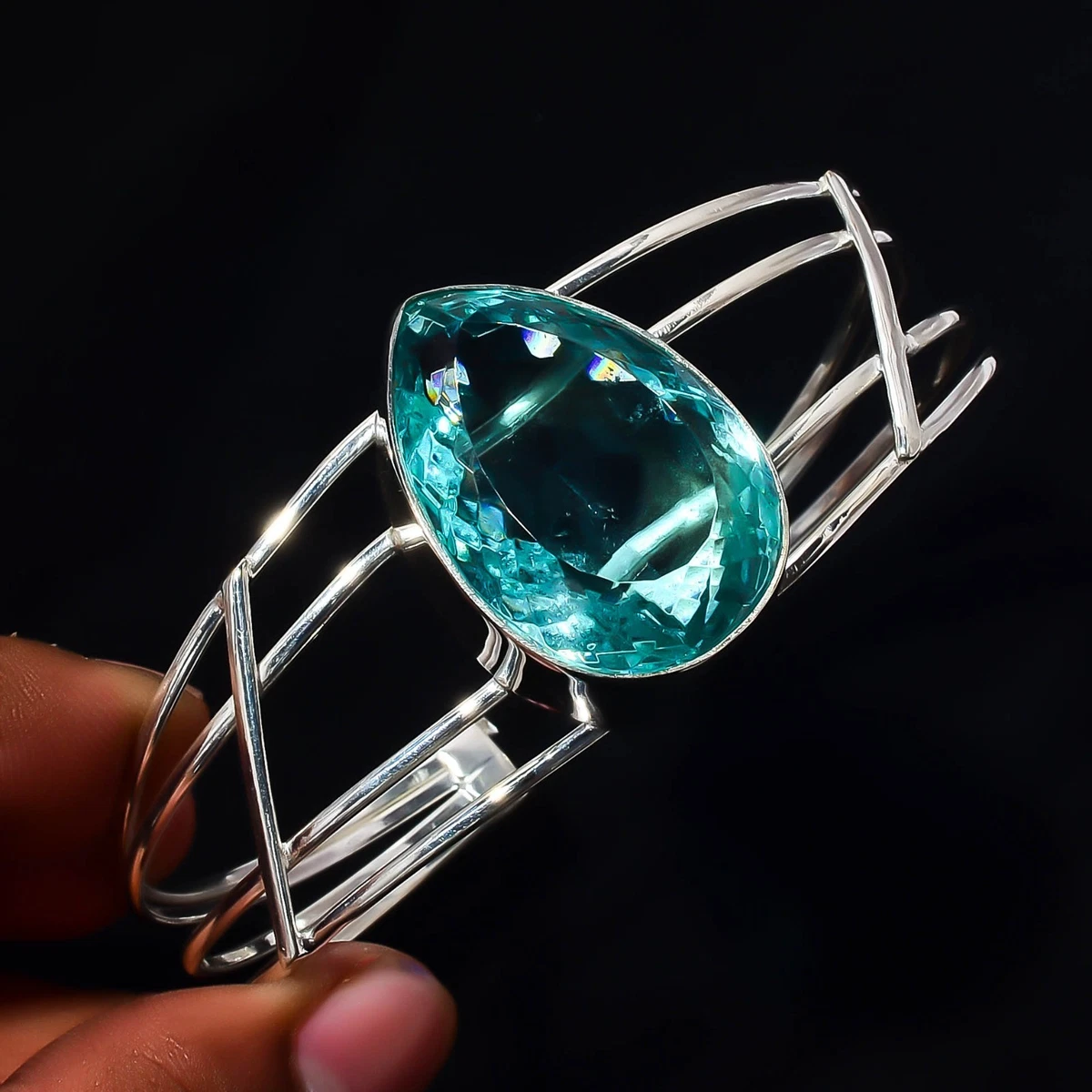 Blue Topaz Gemstone 925 Sterling Silver Handmade Bangle Jewelry Gift For Her