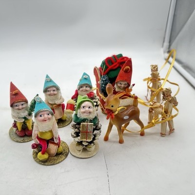 Vtg Elf Gnome Ornament Lot of 6 Pinecone Pixi Chenille Christmas Sleigh Deer