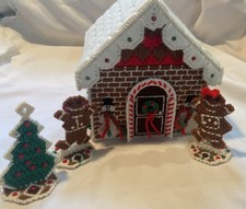 Handmade Plastic Canvas Needlepoint Gingerbread Christmas House, Top Opens