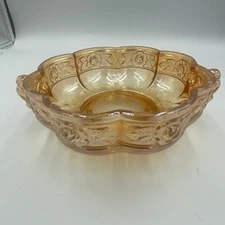 Vintage Jeannette Iridescent Aztec Rose Design Double Handle Dish Carnival