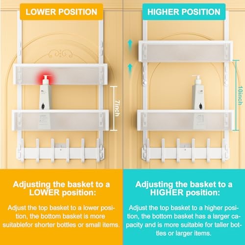 Adjustable Over The Door Hooks Organizer, Hanger Storage with 2 Baskets White - Picture 3 of 7