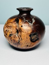 Vintage MCM Hand-Turned Burl Wood Vase 5.25 w/ Glass Insert