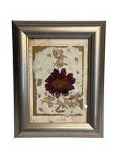 Pressed Flower Art Frame 7x6  Red Dahlia on Handmade Paper Silver Frame