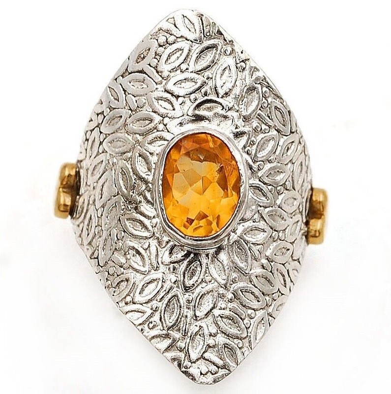 Two Tone Natural Golden Citrine 925 Solid Sterling Silver Ring Sz 6.5 @17-6