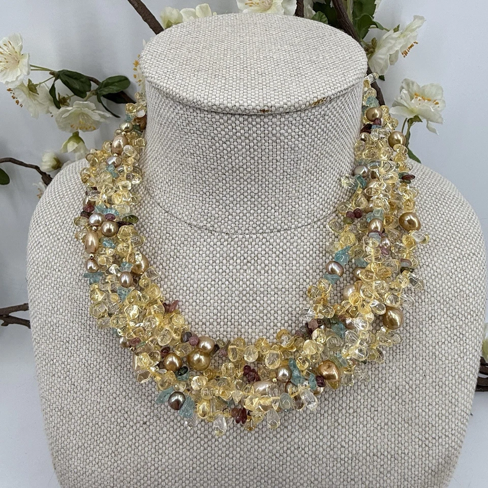 Collar de Lujo Tutti Frutti Cinco Hilos Citrino y Topacio Perla Oro 14k 18" Foto 4 de 4