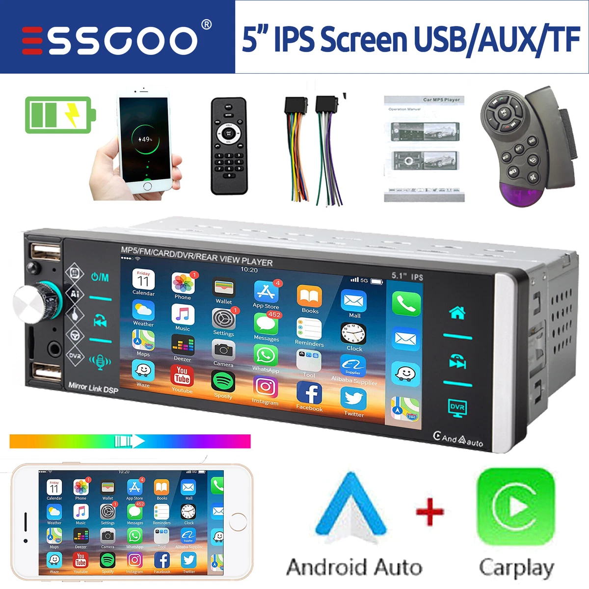 Car Radio Stereo 1 DIN With Apple CarPlay Android Auto USB Bluetooth  Touchscreen