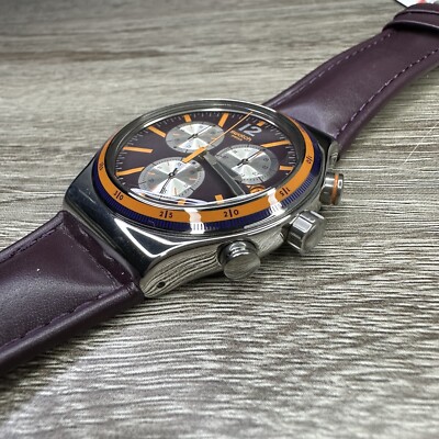 NEW✓ Swatch Irony PRISIONER Chronograph Dark Purple Leather Men's
