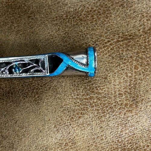 ANTIQUE Chinese Silver Enamel Finger Nail Guard 4" Turquoise Filagree 3489 - Picture 5 of 11