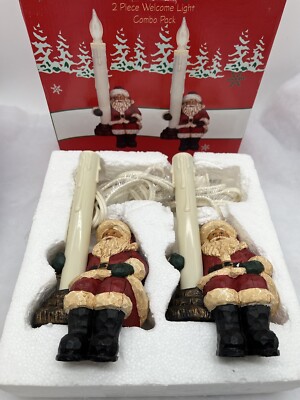 Vintage Christmas Santa Mantle Candles Pair Welcome Light Hand Painted VERY NICE