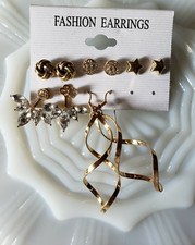 Fashion Pierced Earrings Goldtone Studs Dangle Rhinestone Ear Jewelry 5 Pairs