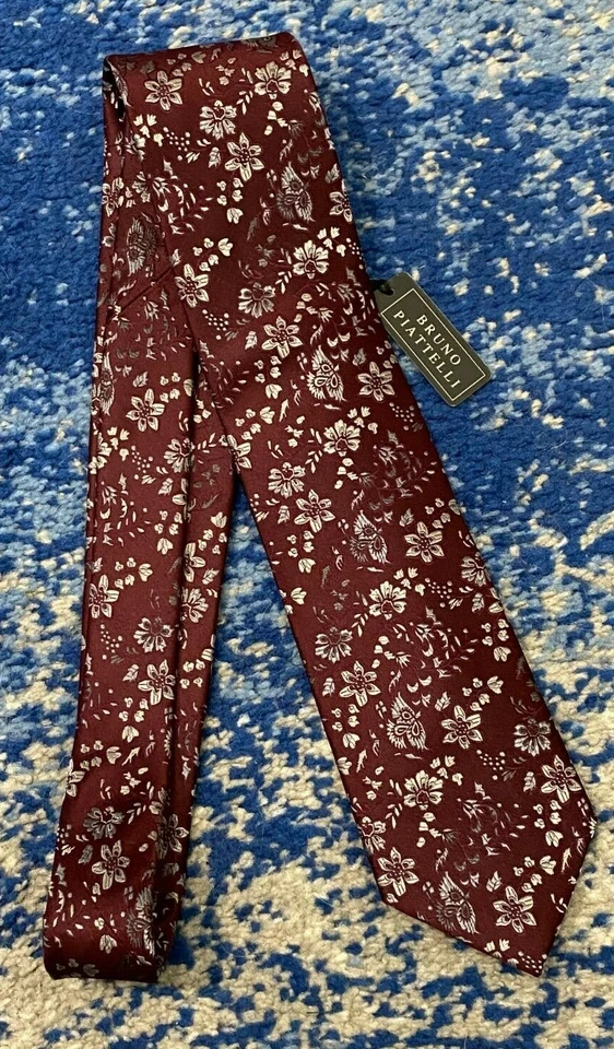 NEW Bruno Piatelli Burgundy Gray Silver Floral Handmade Silk Necktie - Image 2 of 4