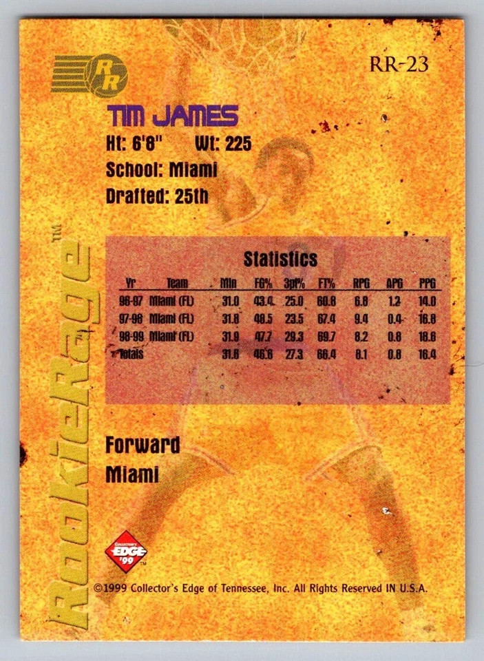 1999 Collector's Edge Rookie Rage - Tim James #RR-23 (RC) - Image 2 of 2