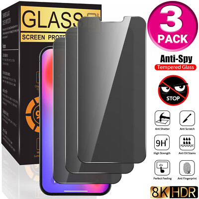 3x iPhone 16 15 14 13 12 Pro Max Privacy AntiSpy Tempered Glass Screen Protector