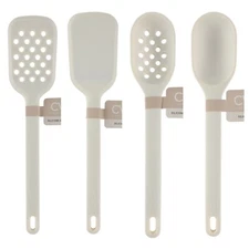 4 Silicone Kitchen Tools Set Slotted Turner & Spoon, Basting Spoon Spatula White