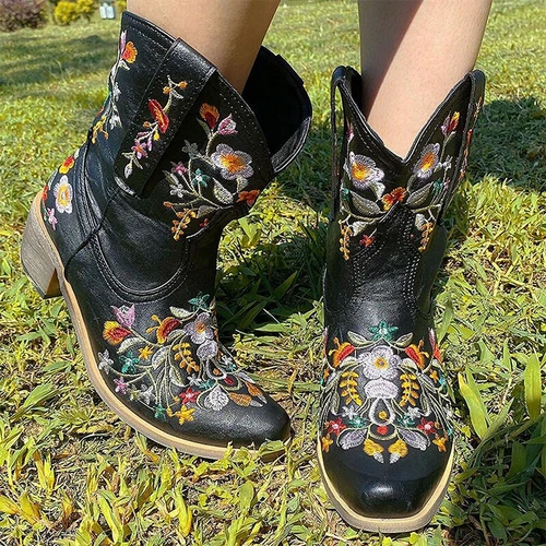 Womens Cowboy Boots Cowgirl Western Low Block Mid Calf Embroidery Riding Boots - Picture 6 of 24
