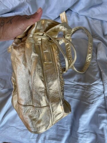 Vintage 80s METALLIC GOLD LEATHER Studs Rhinestones Bucket Shoulder Bag - Picture 4 of 7