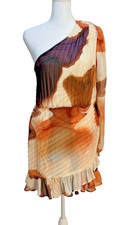 Express One Shoulder Skort Dress S Ivory Orange Pleated Ruffle Sleeve NWT