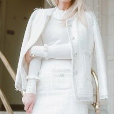 Zara size medium ecru white tweed w pearl button and silver trim blazer