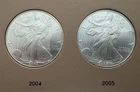 Lot of Four $1 American Silver Eagles, 2002, 2003 , 2004, and 2005.