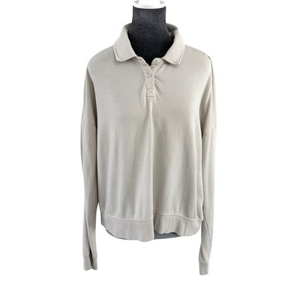 Threads 4 Thought Wms Preppy Minimalist Cozy Cream L/S Sustainable Fleece Polo L