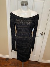 BCBG Max Azria Halle Black Lace Ruched Sheath Dress W/ Nude Lining, Size S
