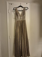 Gold Glitter Beaded V-Neck Sleeveless Long Formal Gown Dress