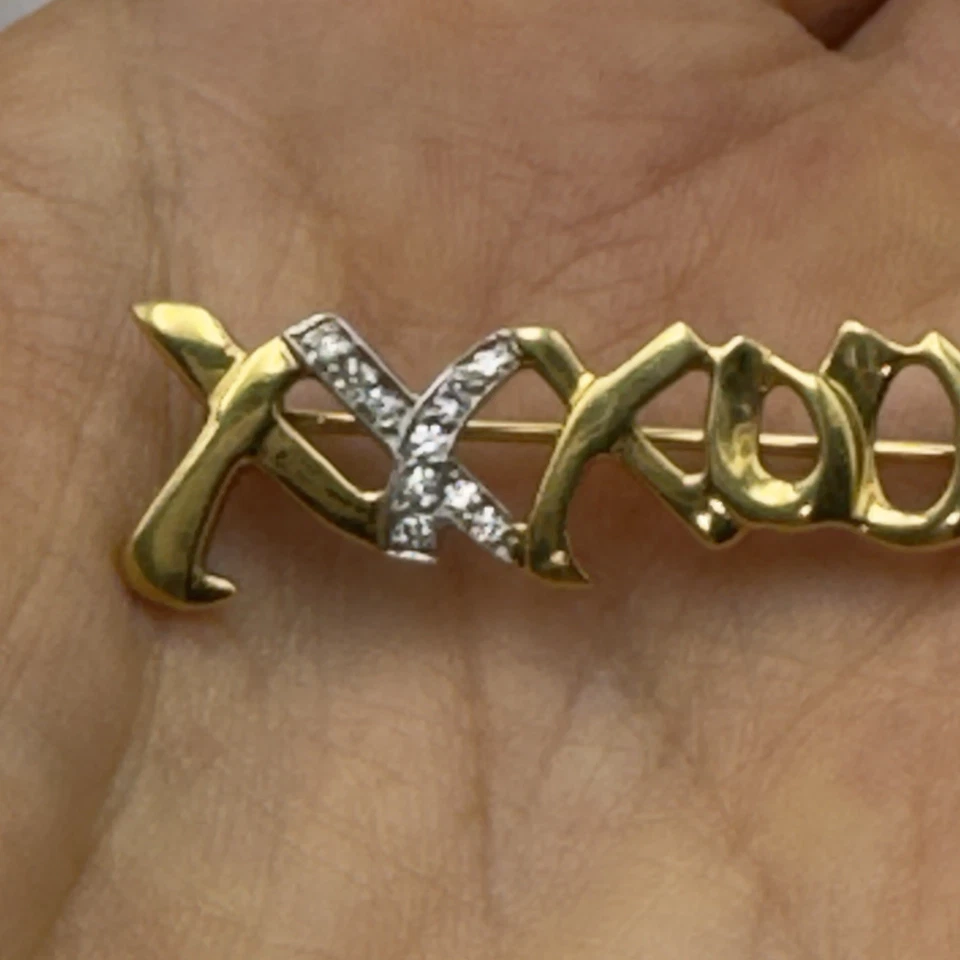 Tiffany Co 1983 Paloma Picasso Platinum 18K Yellow Gold Diamond XO Brooch 4.38gr - Image 3 of 4