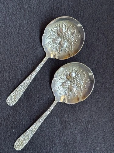 Two S. Kirk & Son Sterling Repousse Bon Bon Berry Nut Mints Spoon 5 1/8" 60 gm
