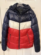 Zara Cappotto Uomo GRANDE Blocco Colore Puffer Rosso Bianco Blu