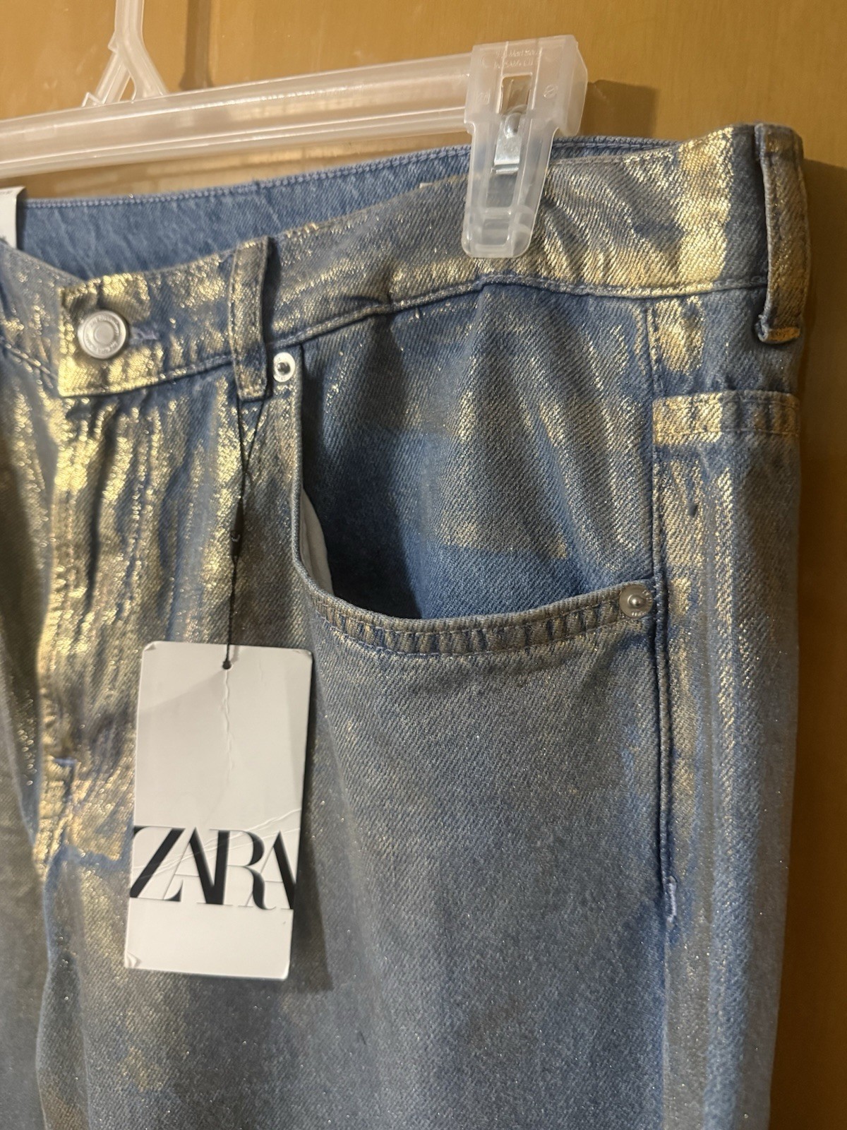 ZARA Metallic Mid Rise Straight Denim Jeans Women's Blue Button Zip 5-Pocket thumbnail 4