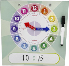 Kids Teaching Clock with Moveable Arms, Dry Erase Surface, Magnetic Hanging Stri