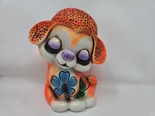 Vintage Chalkware  Lamb Coin PiggyBank Orange Poodle Neon Flower Kitsch Mod 