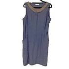 Lina Tomei Linen Blue Silver beaded Neckline Dress UK 14 XL Stretch Panel Italy