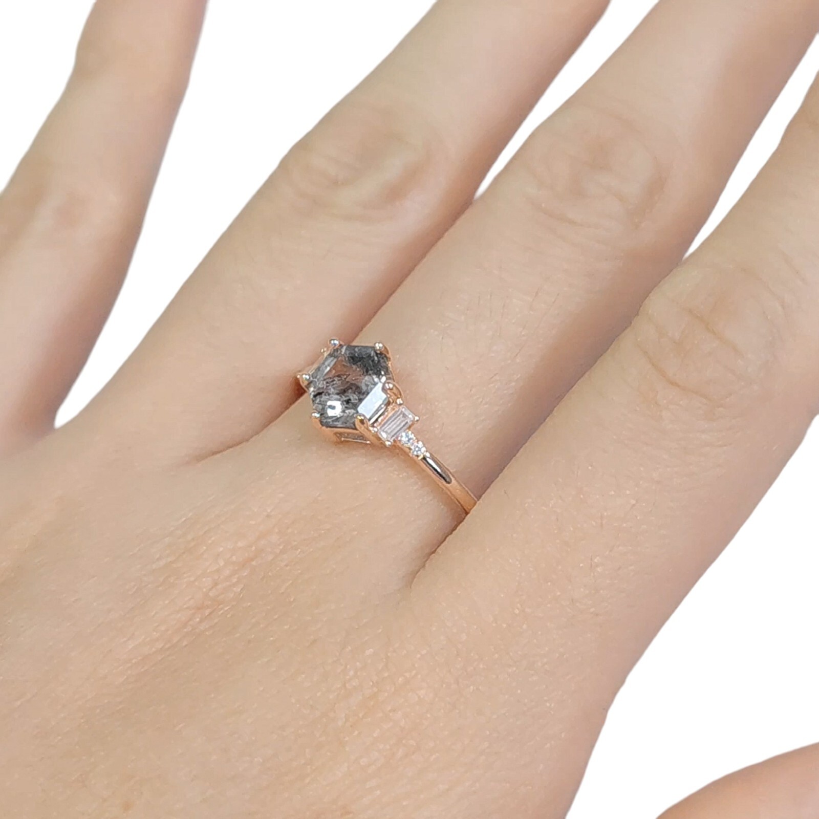 Salt And Pepper Quartz Hexagon 7mm Rose Gold Plated Sterling Silver 925