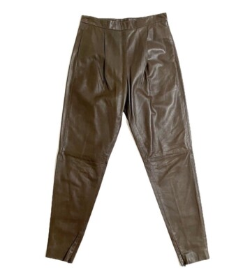 Longchamp Brown Leather Pants High Waist Pleated Pencil Pant SZ 36 EU New $1,270