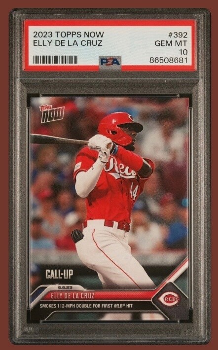 2023 TOPPS NOW ELLY DE LA CRUZ #392 PSA 10. SMOKES 112 MPH DOUBLE FOR FIRST HIT