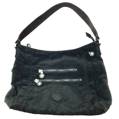 Kipling Keiko Travel Shoulder Bag Black Multi Zippered Pockets Lined iPad Bag