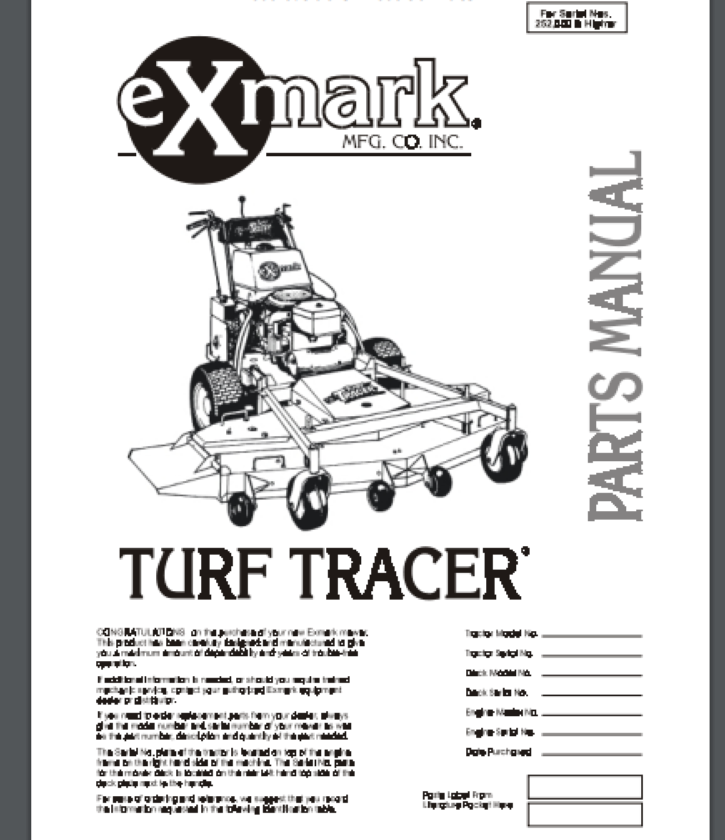 Exmark Turf Tracer Mower Parts Manual 16 PAGES for #'s 252,000 & Higher