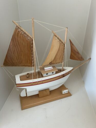 Handmade Wooden Ship Sailboat with Carved Wood Sails 16"x17"