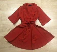 NWOT Pretty Little Thing USA Size 0 Red Dress Tie Waist Mid Length V-Neck 