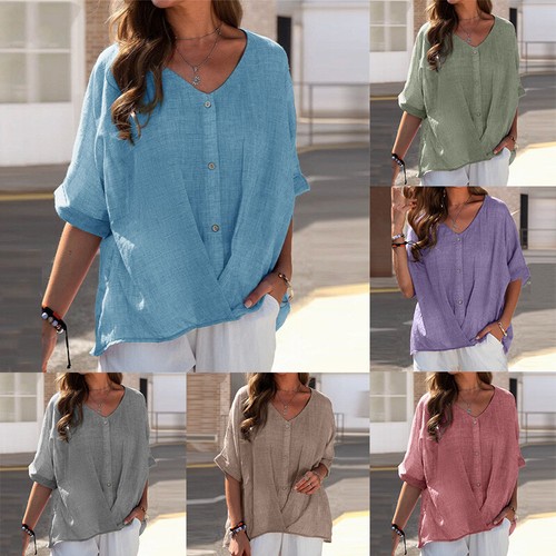 Plus Size Women Cotton Linen Casual Blouse Baggy Ladies T-Shirt Top Summer Tunic - Picture 2 of 19